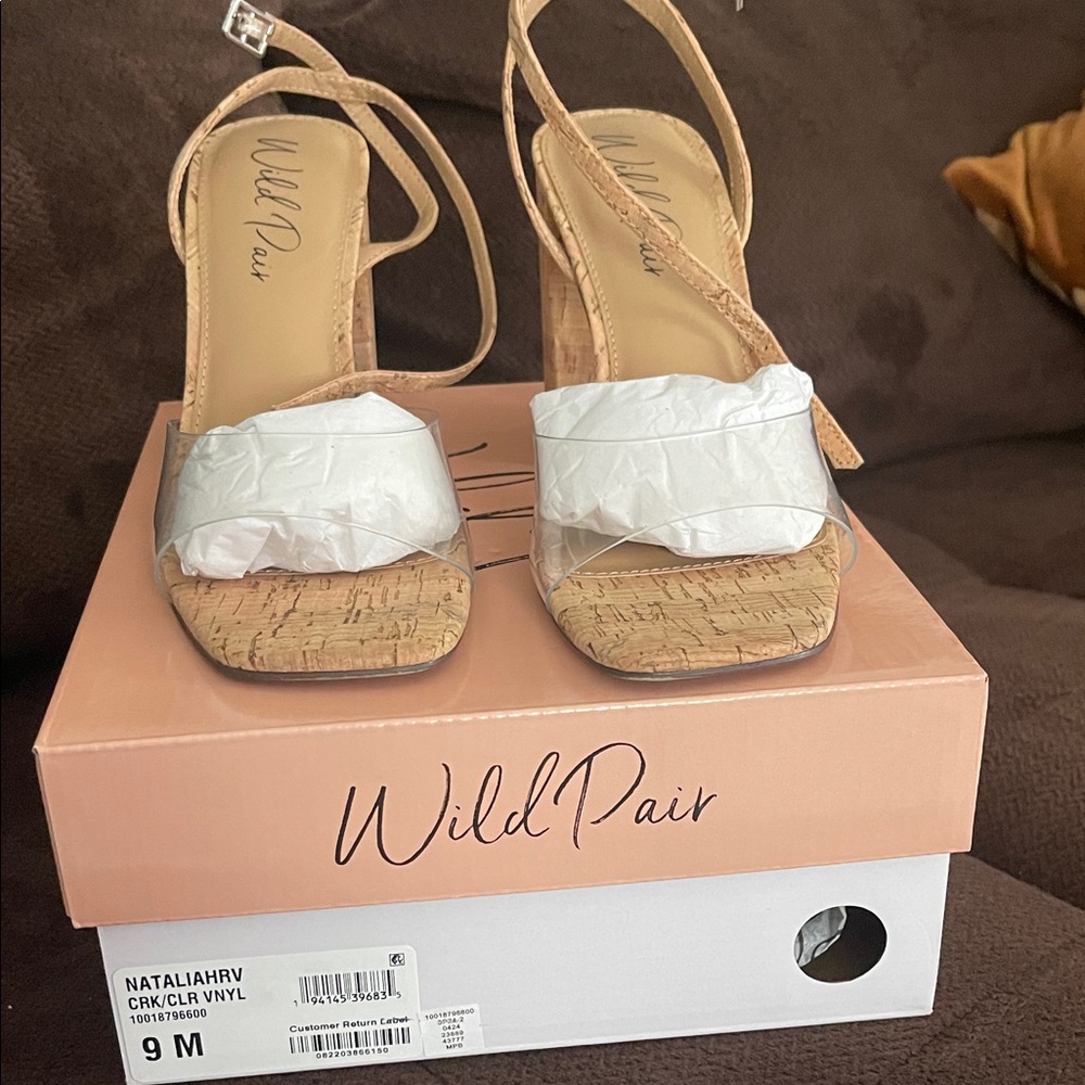 EUC cork/ clear vinyl ankle strap heels in box